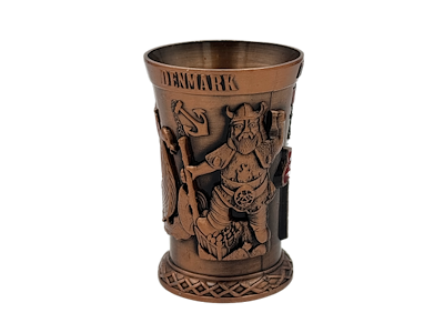 Shotglas, DK Hest + Hjelm Antik kobber