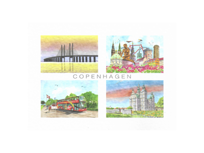Postcard, Bridge / Little Mermaid / Bus / Rosenborg, 16.5 x 12 cm