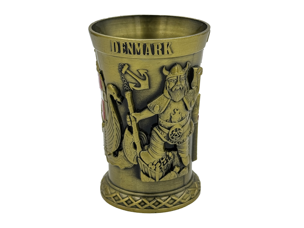 Shotglas, DK Hest + Hjelm Antik guld