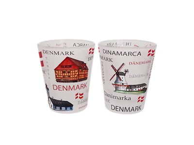 Shotglass Frosted Denmark With Flags 2 Pieces