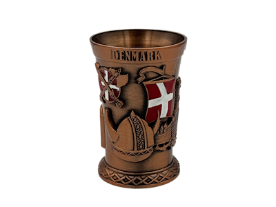Shotglas, DK Hest + Hjelm Antik kobber