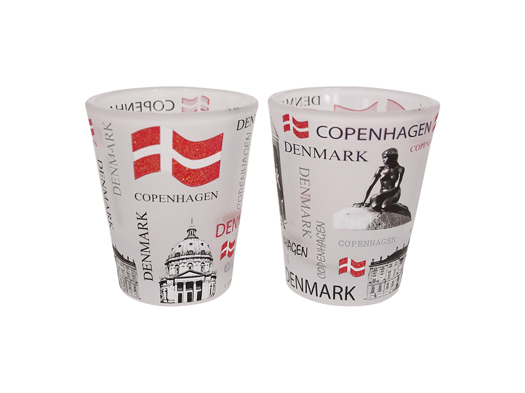 Shotglass Frosted Copenhagen With Flags 2 Pieces