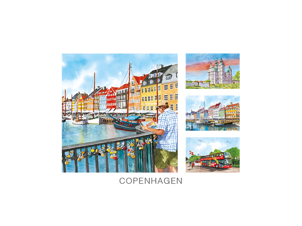 Postkort, Nyhavn/Rosenborg/Nyhavn/Bus 16,5x12cm 