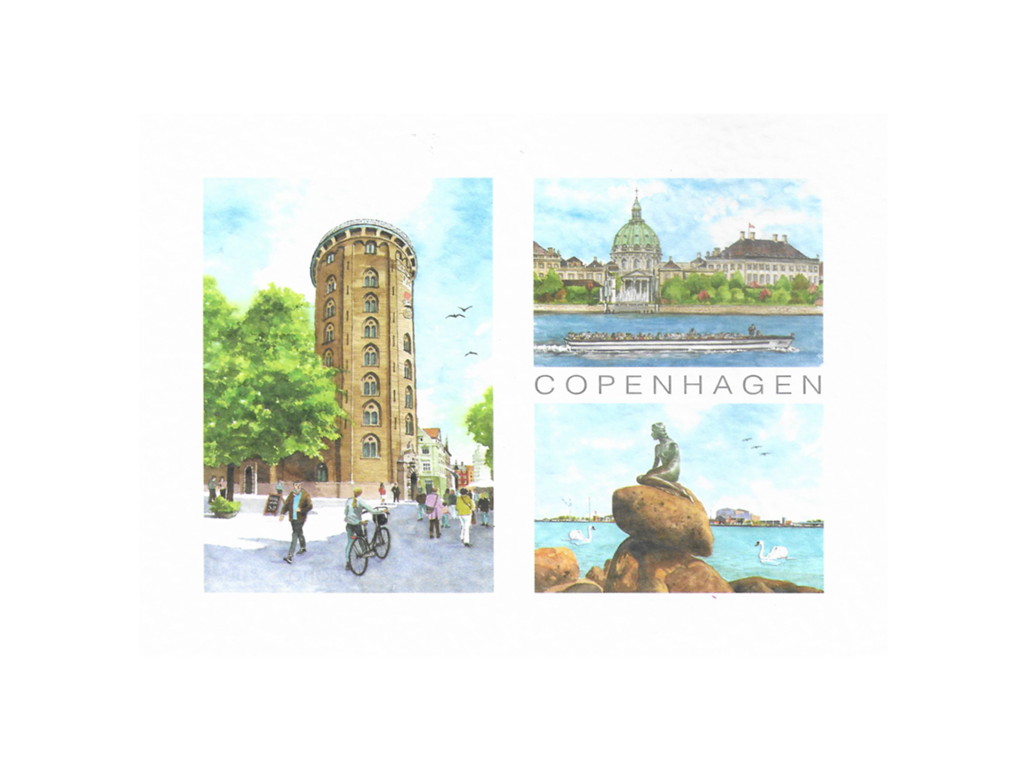 Postcard, Round Tower / Marble Church / Little Mermaid, 16.5 x 12 cm
