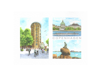 Postcard, Round Tower / Marble Church / Little Mermaid, 16.5 x 12 cm
